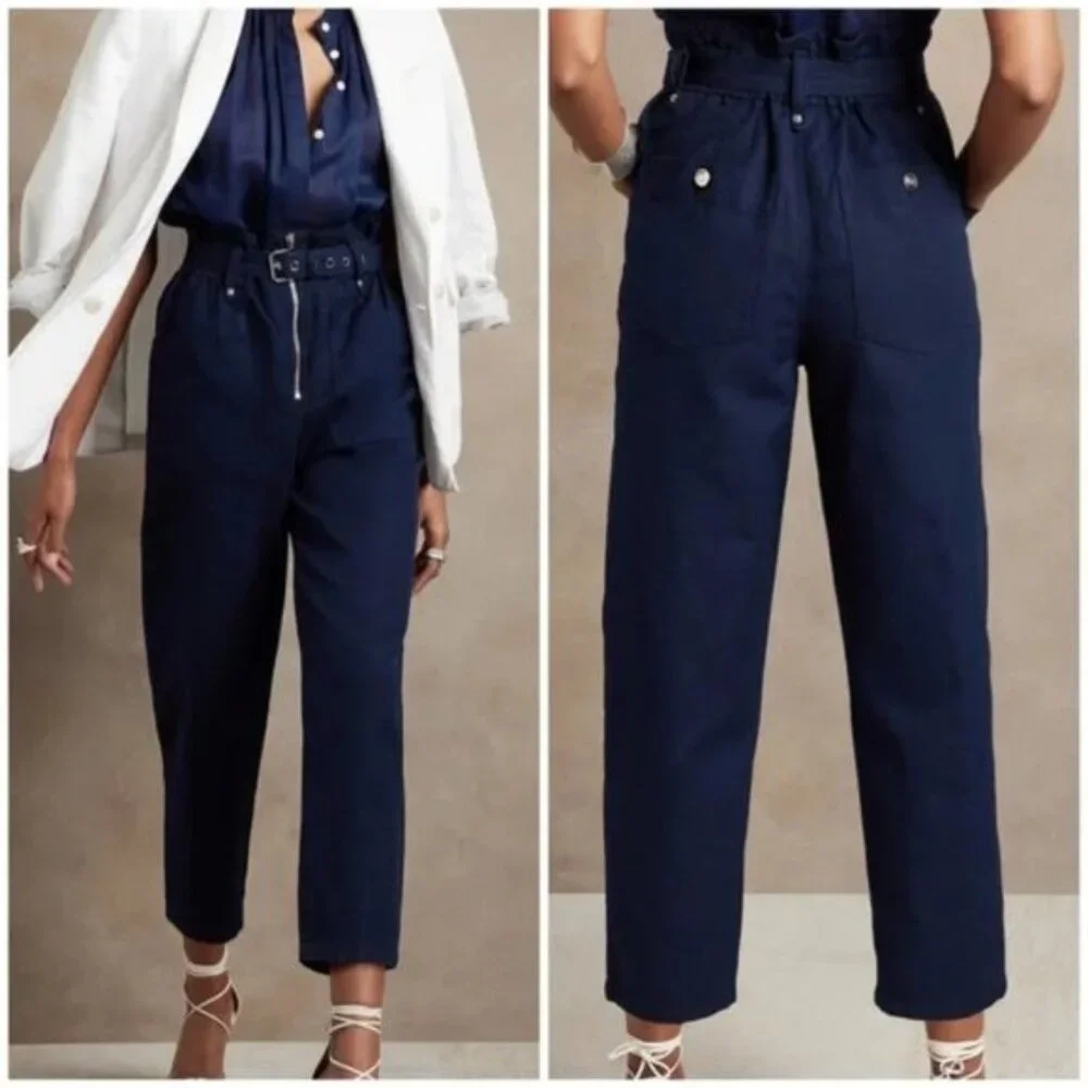 Banana Republic Hyper Navy Linen Blend Paperbag Pant Size 4 EUC